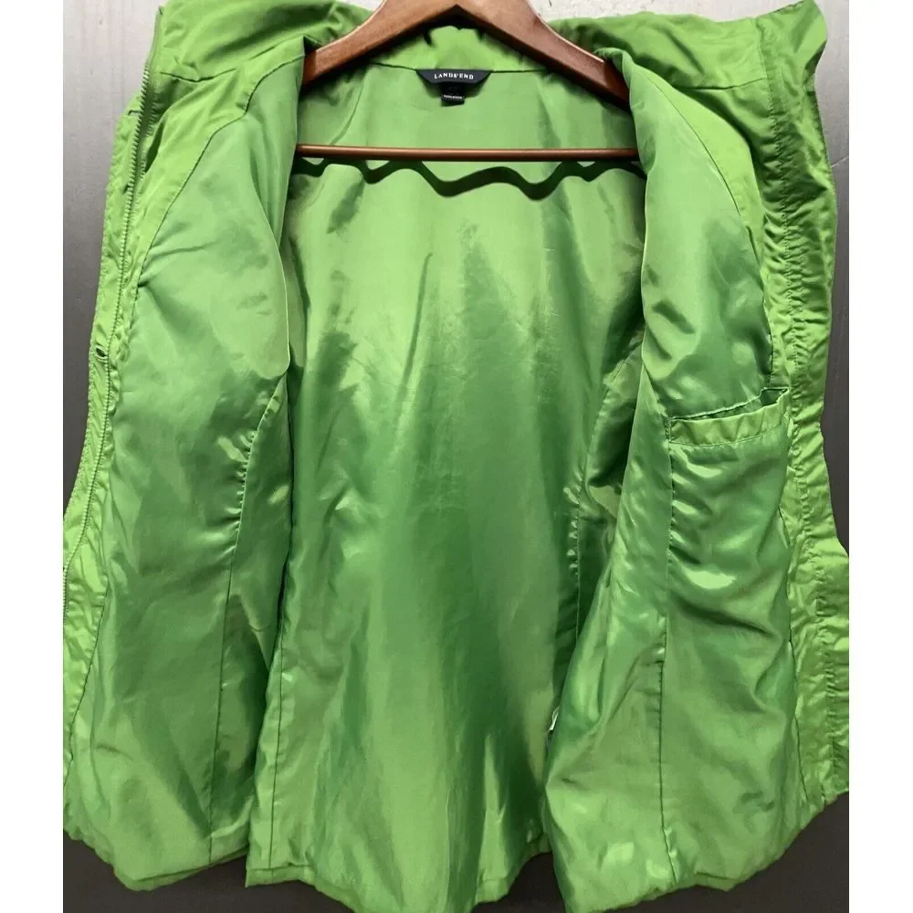 Lands End Rain Coat Women L Green Lined Zip Button Pockets Hiking Outdoor Jacket
